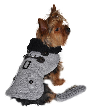 Designer Grey Herringbone Dog Harness Coat with Matching Leash