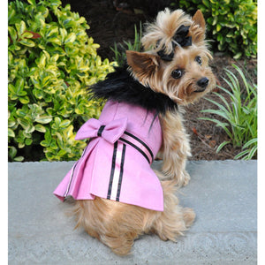 Designer Pink Wool Blend Classic Dog Coat Harness and Fur Collar with Matching Leash