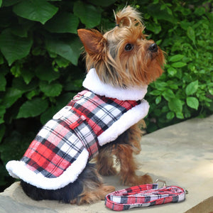 Sherpa Lined Dog Harness Coat - Plaid with Matching Leash