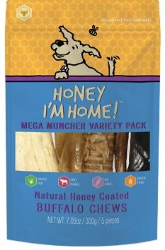 Honey I'm Home! Mega Muncher Variety Pack Natural Honey Coated Buffalo Chews Grain-Free Dog Treats, 5 count