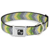 Dog Bone Black/Silver Seatbelt Buckle Collar - Chevron Weave Grays/Yellow/Green