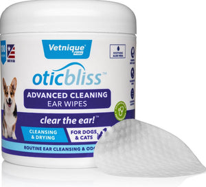 Vetnique Labs Oticbliss Ear Wipes Advanced Cleaning, Soothing, & Medicated Dog & Cat Ear Wipes, 100 count